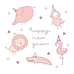 Cartoon cute animal wildlife happy new year vector.