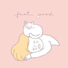 Cartoon cute cat and woman sleeping vector.