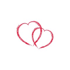 Two red heart on white background sign. Symbol linked, join, love, passion and wedding. Template for t shirt, apparel, card, poster, valentine day. Design element. Vector illustration.