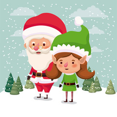 cute santa claus and girl helper in the snowscape