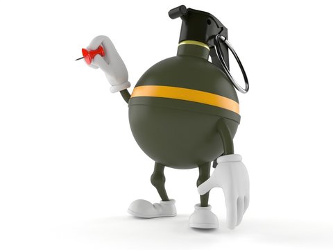 Hand grenade character holding thumbtack