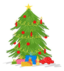 Christmas tree doodle, colorful vector drawing, decorated tree with red candles, Christmas baubles and presents isolated on white background