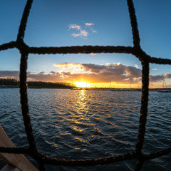 Sunset at the harbour of the Cospudener Lake near Leipzig, Germany 