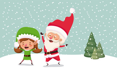 cute santa claus and girl helper in the snowscape