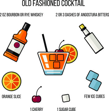 The Process Of Making An Old-fashioned Cocktail, Flat Style, White Background, Icons