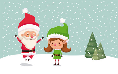 cute santa claus and girl helper in the snowscape