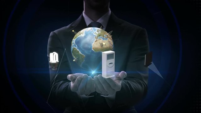 Businessman open two palms, Earth network connecting monitor, microwave, light bulb, washer, air conditioner, audio, coffee pot, smart Home Appliances, Internet of things. 4k animation.