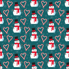 Cute Christmas pattern with snowman, candy canes and snowflakes