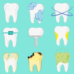 Set of different teeth, implant, caries, clean tooth, vector