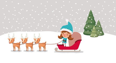 cute girl santa helper with sled and reindeer