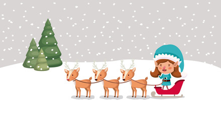 cute girl santa helper with sled and reindeer