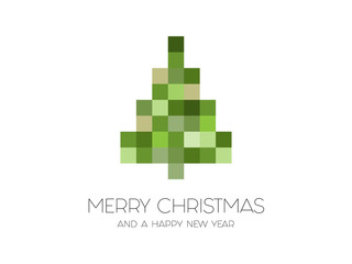 Funny Christmas greeting card with pixel tree in green colors. Holiday greeting for corporate clients, IT community, developers, designers and web specialists.