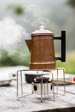 Coffee percolating outside at campsite
