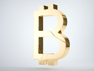 Golden bitcoin symbol with cracks