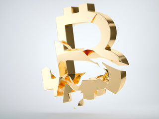 Golden bitcoin symbol shattered and broken on grey