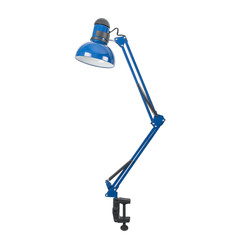 Blue table lamp in a classic style on a clamp. Isolated object on white background