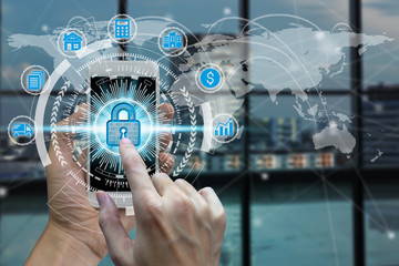 Businessman hand use smartphone with padlock icon technology