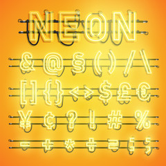 Realistic neon font with wires and console, vector illustration