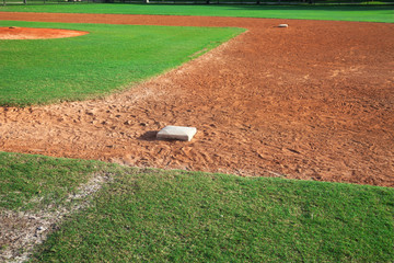 Youth baseball infield from first base side on sunny day