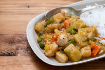 squid stew with boiled rice on dish