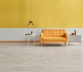 Yellow white wall concept, yellow sofa, wooden lamp and grey cabinet.