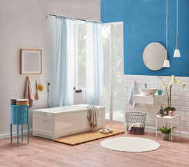 Bath room corner style, white tub, white sink and mirror decoration. Bath room decoration interior.