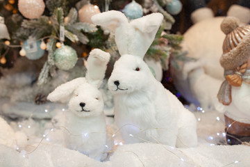 Christmas rabbit, decorations and New Year's toys