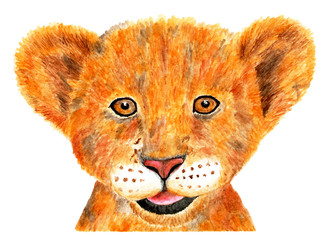 Portrait of lion. Watercolor illustration.
Portrait of a little lion cub. Happy lion cub painted in watercolor. Illustration for design, decor.