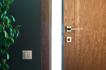 Otworzyć uchylone drzwi. Drewniane drzwi w pięknym wnętrzu. - 237406442