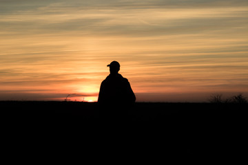 man admiring red autumn sunset in the field, silhouette of man and tree