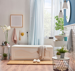 Modern bath room luxury bath, tub and sink concept. Towel frame and curtain style with clipper.