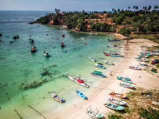 Beach with fisherman's boats, Weligama, Sri Lanka, aerial view