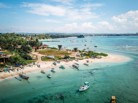 Ocean Beach With Fishing Boats, Weligama, Sri Lanka, Aerial View