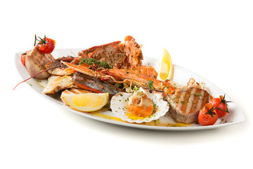 Seafood served in oval dish