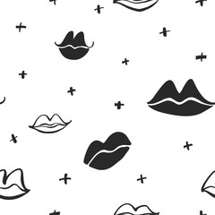 Seamless pattern with lips and crosses. Hand drawn vector ornament for wrapping paper.