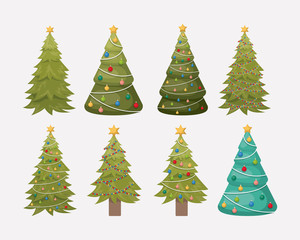 christmas pines trees set decoration