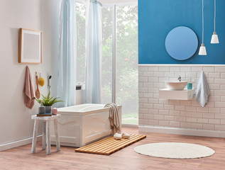 Luxury bath room style, tub and sink detail, ceramic wall decoration.