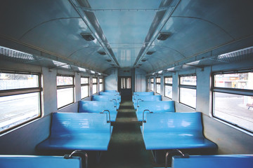 Naklejka premium interior of the old train car, retro toned