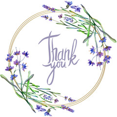Purple lavender flower. Thank you handwriting monogram calligraphy. Watercolor background. Round...