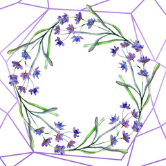 Obraz na płótnie Canvas Purple lavender flowers. Watercolor background. Wreath and crystal frame. Stone polyhedron mosaic shape.