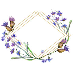 Purple lavender flowers. Watercolor background. Gold crystal rhombus frame. Stone polyhedron mosaic shape.