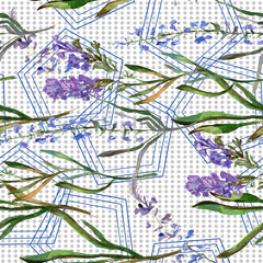 Purple lavender. Floral botanical flower. Watercolo seamless background pattern. Fabric wallpaper print texture.