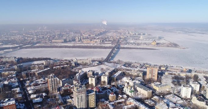 video from the drone: Nizhny Novgorod, Arrow, Volga river, Oka, winter