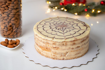 classic esterhazy cake on white table, horizontal view from above