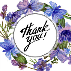 Purple lavender. Thank you handwriting monogram calligraphy. Watercolor background illustration...
