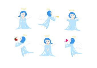 Angel, cute cartoon characters collection, posture and action, Christmas and new year blessing concepts, vector