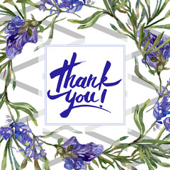 Purple lavender. Thank you handwriting monogram calligraphy. Watercolor background illustration...