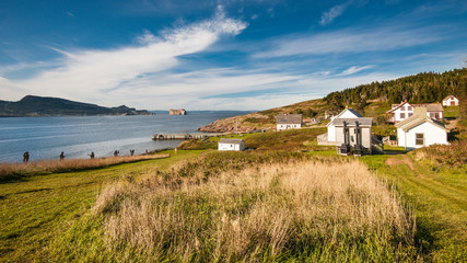 Beautiful view of The Rocher Perce from Bonaventure island in Perce, Gaspesie, Canada