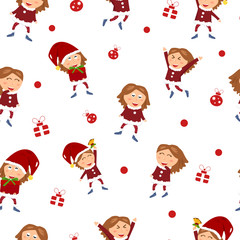 Merry Christmas, winter holiday, cute girl character celebrate her gift and happy new year, seamless pattern cartoon, background vector illustration