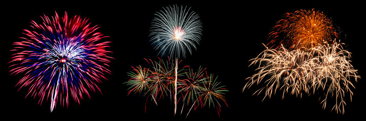 Three of fireworks light up on black background for celebration